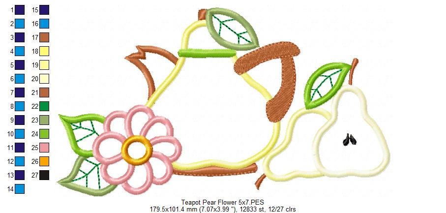 Pears, Teapot and Flower - Applique - Machine Embroidery Design