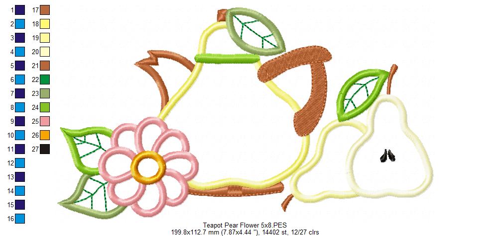 Pears, Teapot and Flower - Applique - Machine Embroidery Design