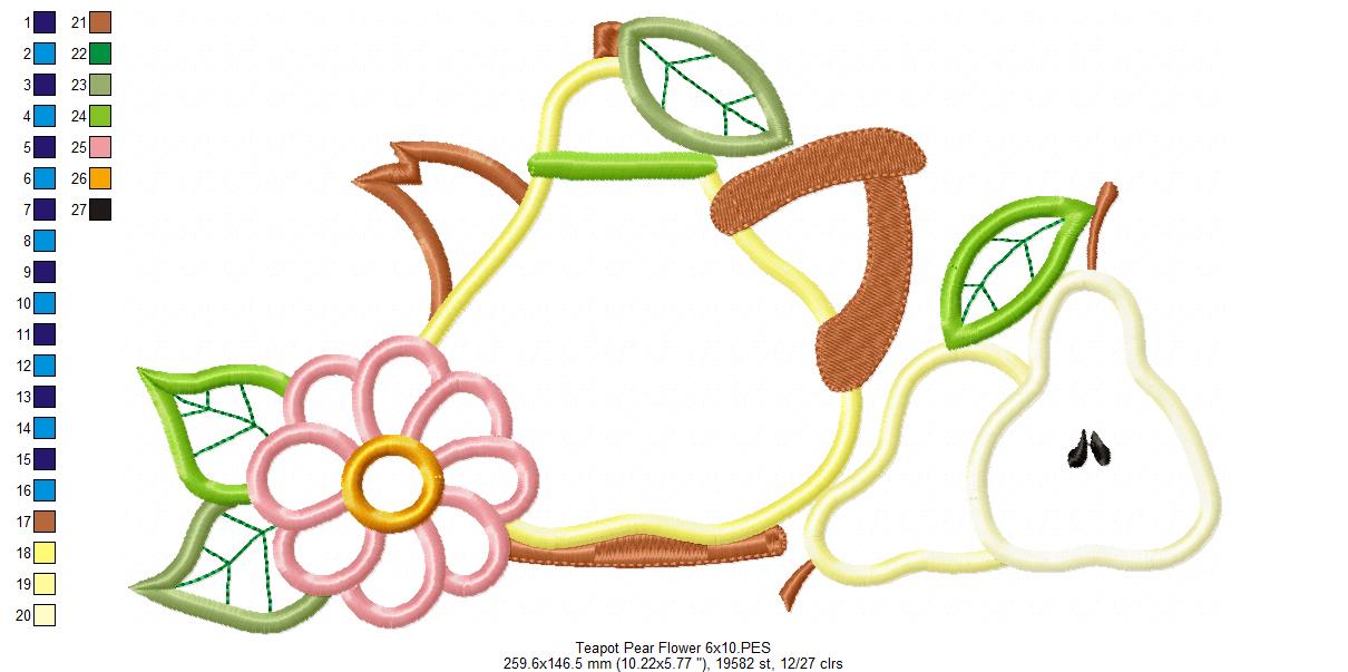 Pears, Teapot and Flower - Applique - Machine Embroidery Design