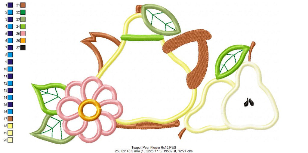 Pears, Teapot and Flower - Applique - Machine Embroidery Design