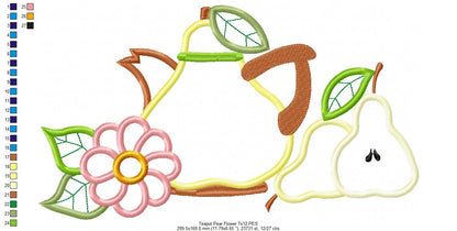 Pears, Teapot and Flower - Applique - Machine Embroidery Design
