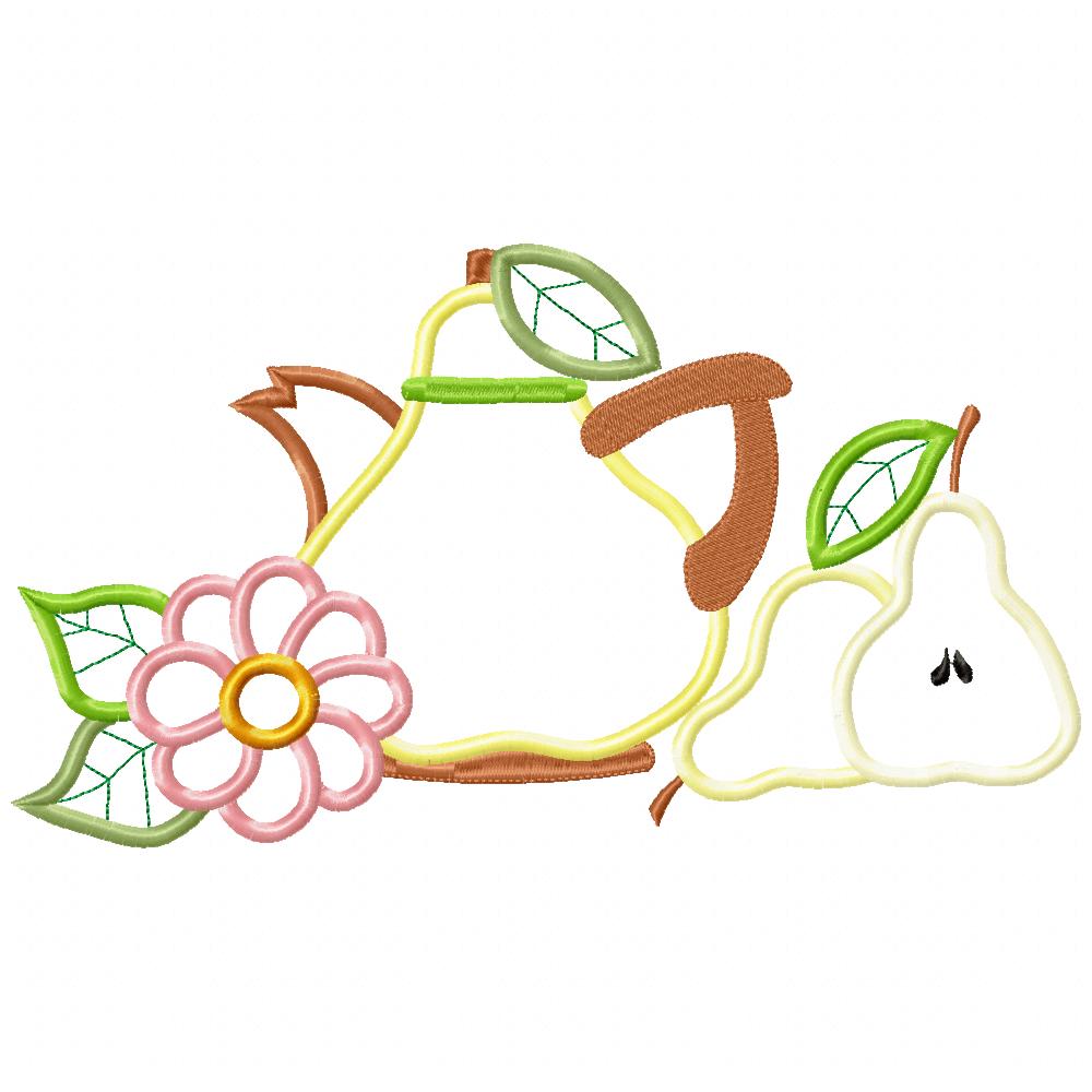 Pears, Teapot and Flower - Applique - Machine Embroidery Design