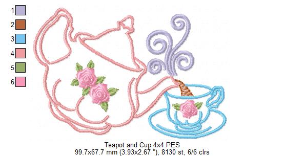 Teapot and Cup - Redwork - Machine Embroidery Design