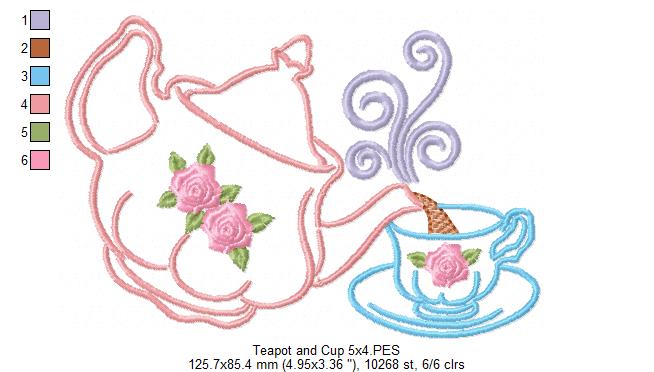 Teapot and Cup - Redwork - Machine Embroidery Design