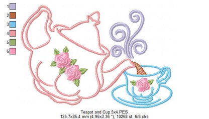 Teapot and Cup - Redwork - Machine Embroidery Design