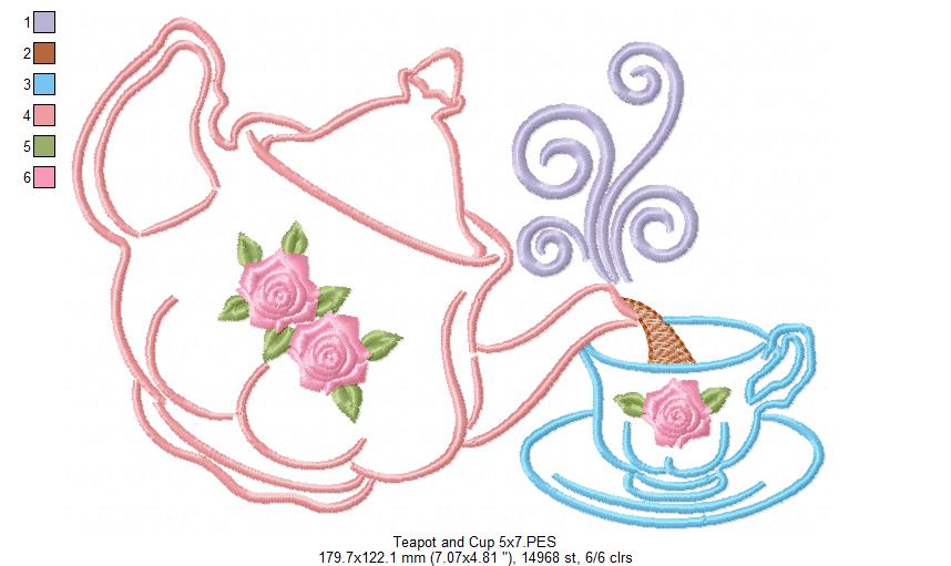 Teapot and Cup - Redwork - Machine Embroidery Design