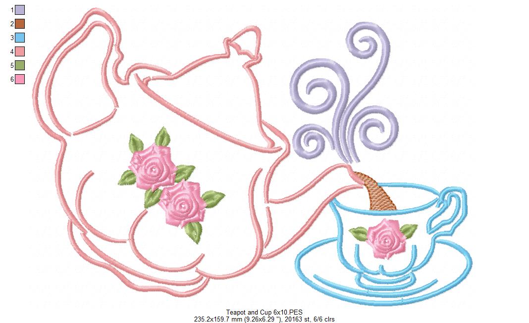 Teapot and Cup - Redwork - Machine Embroidery Design