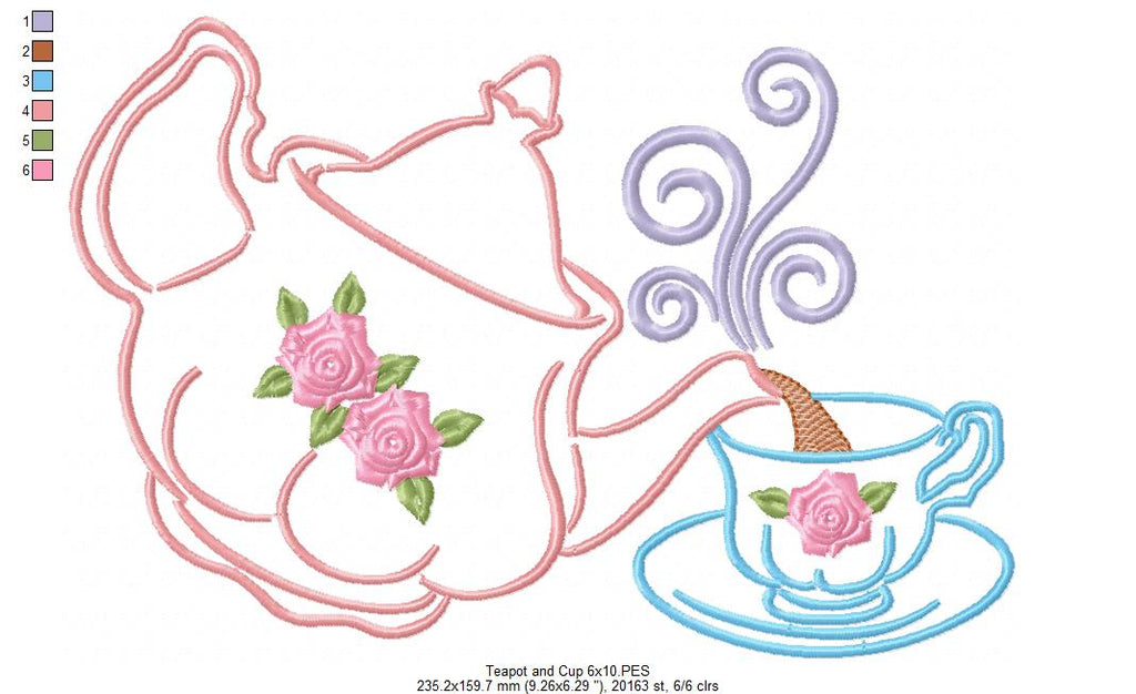 Teapot and Cup - Redwork Embroidery