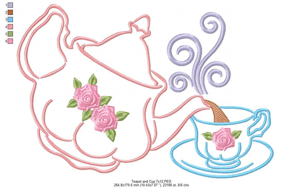 Teapot and Cup - Redwork Embroidery