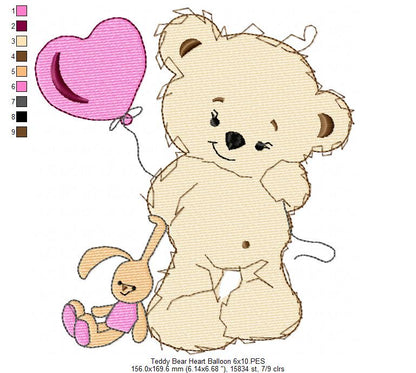 Baby Teddy Bear Girl with Balloon - Fill Stitch - Machine Embroidery Design