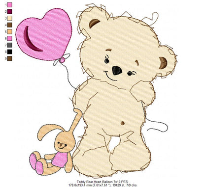 Baby Teddy Bear Girl with Balloon - Fill Stitch - Machine Embroidery Design