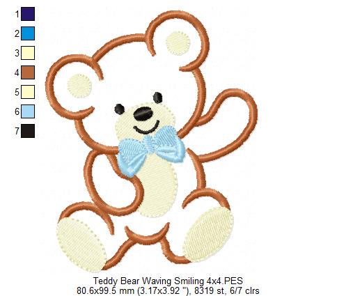 Teddy Bear Smiling and Waving - Applique - Machine Embroidery Design