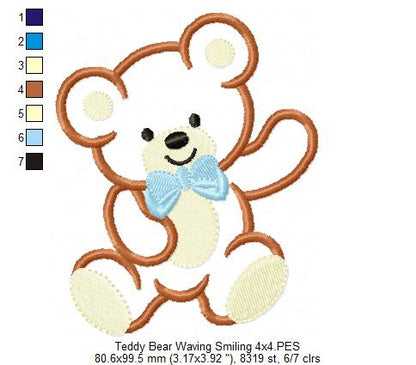 Teddy Bear Smiling and Waving - Applique - Machine Embroidery Design