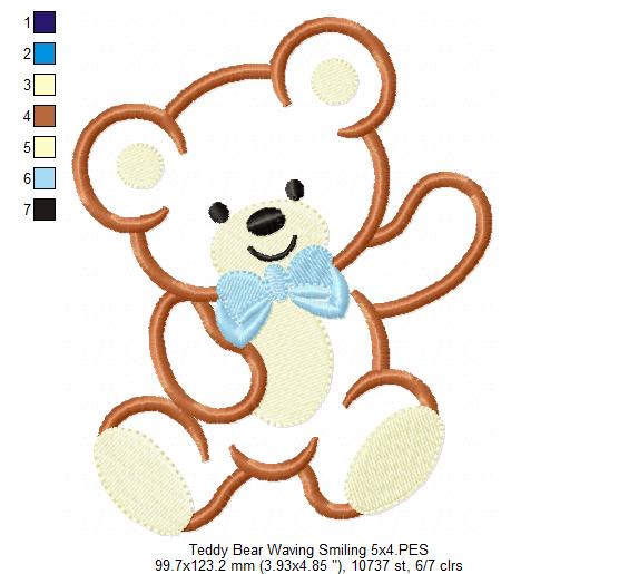 Teddy Bear Smiling and Waving - Applique - Machine Embroidery Design