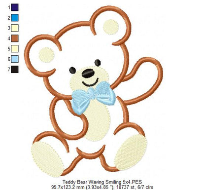 Teddy Bear Smiling and Waving - Applique - Machine Embroidery Design