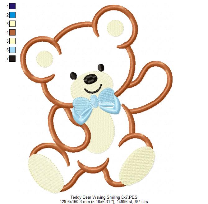 Teddy Bear Smiling and Waving - Applique - Machine Embroidery Design