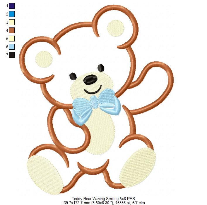 Teddy Bear Smiling and Waving - Applique - Machine Embroidery Design