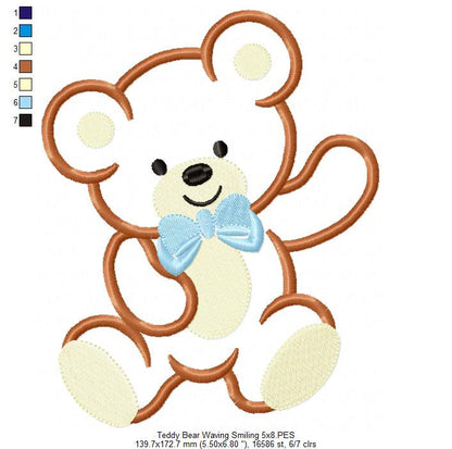 Teddy Bear Smiling and Waving - Applique - Machine Embroidery Design