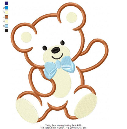 Teddy Bear Smiling and Waving - Applique - Machine Embroidery Design