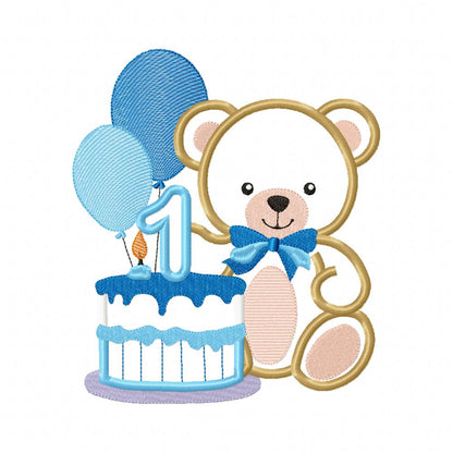 Teddy Bear Boy and Cake Number 1 One 1st Birthday - Applique - Machine Embroidery Design