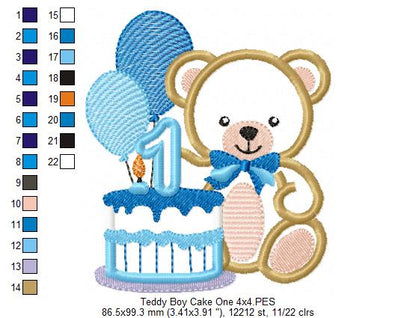 Teddy Bear Boy and Cake Number 1 One 1st Birthday - Applique - Machine Embroidery Design