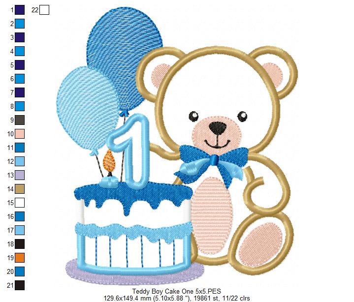 Teddy Bear Boy and Cake Number 1 One 1st Birthday - Applique - Machine Embroidery Design