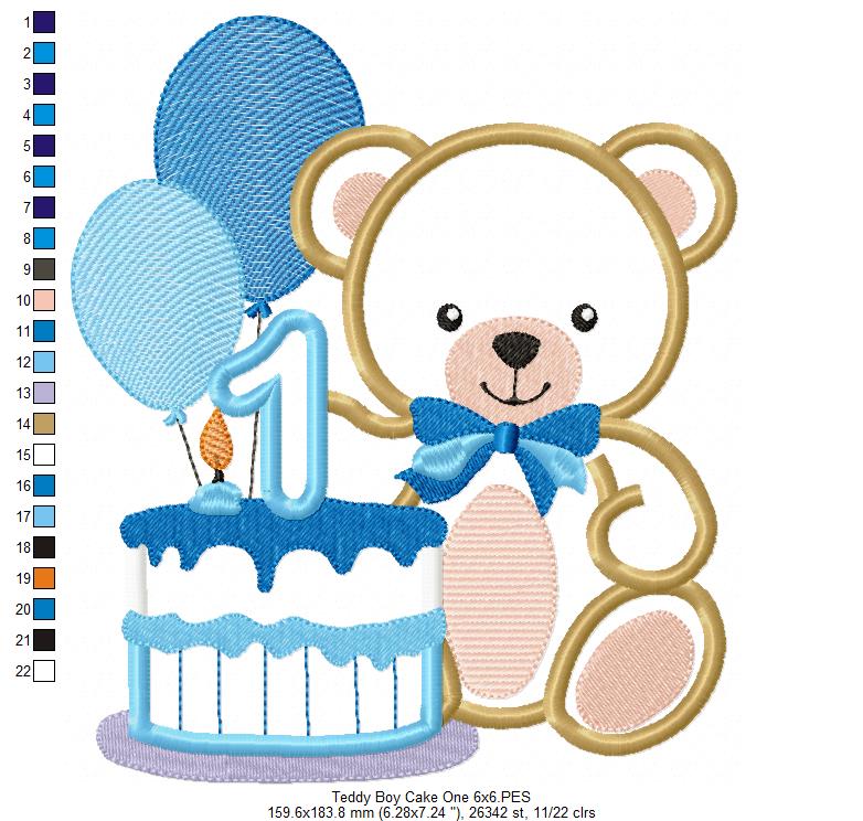Teddy Bear Boy and Cake Number 1 One 1st Birthday - Applique - Machine Embroidery Design