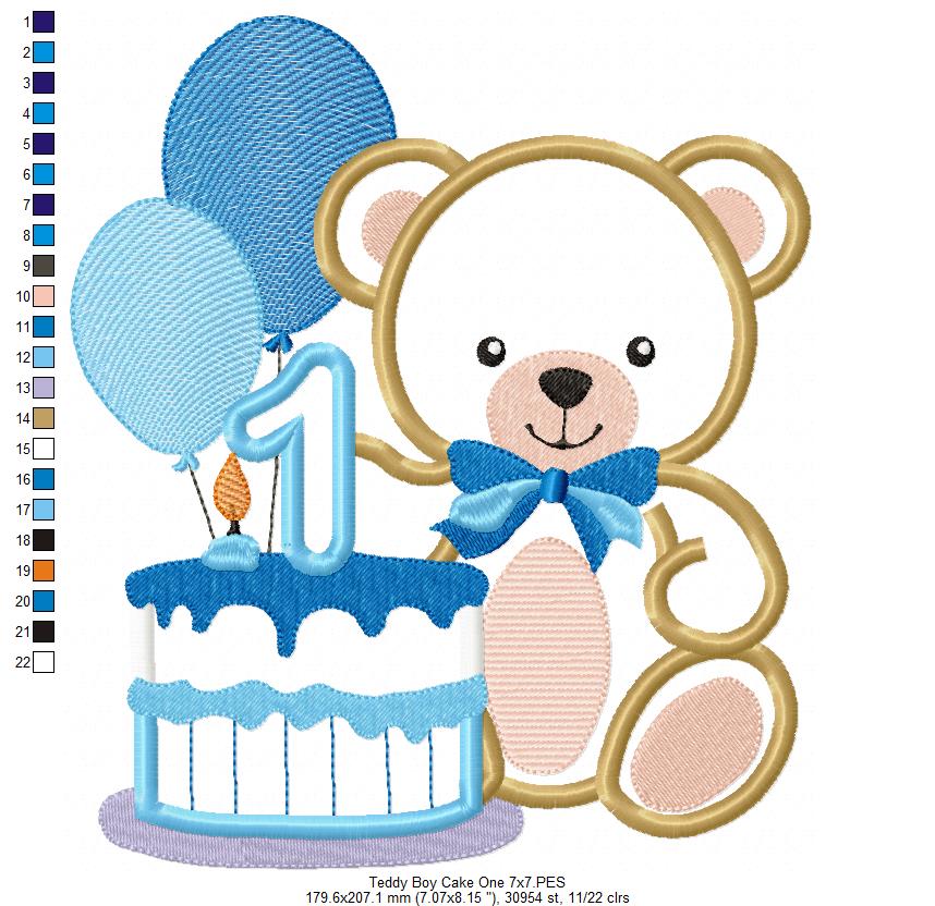 Teddy Bear Boy and Cake Number 1 One 1st Birthday - Applique - Machine Embroidery Design