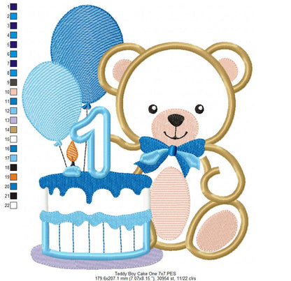Teddy Bear Boy and Cake Number 1 One 1st Birthday - Applique - Machine Embroidery Design