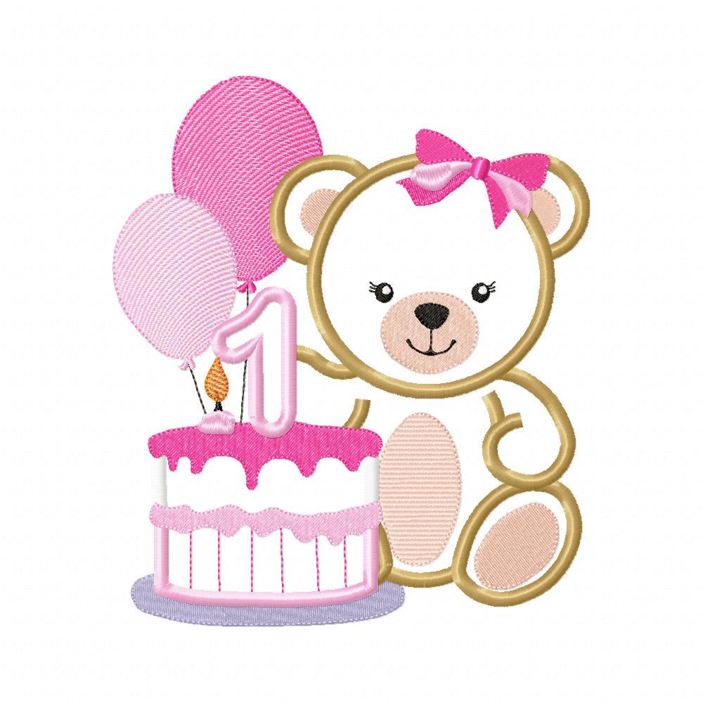 Teddy Bear Girl and Cake Number 1 One 1st Birthday - Applique - Machine Embroidery Design