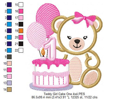 Teddy Bear Girl and Cake Number 1 One 1st Birthday - Applique - Machine Embroidery Design