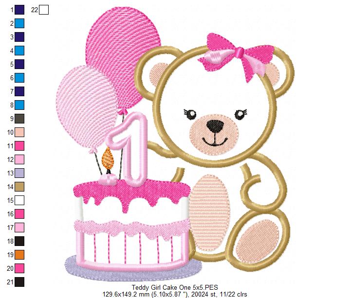 Teddy Bear Girl and Cake Number 1 One 1st Birthday - Applique - Machine Embroidery Design