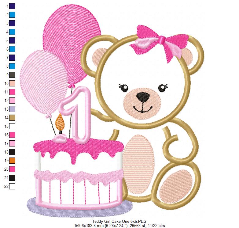 Teddy Bear Girl and Cake Number 1 One 1st Birthday - Applique - Machine Embroidery Design
