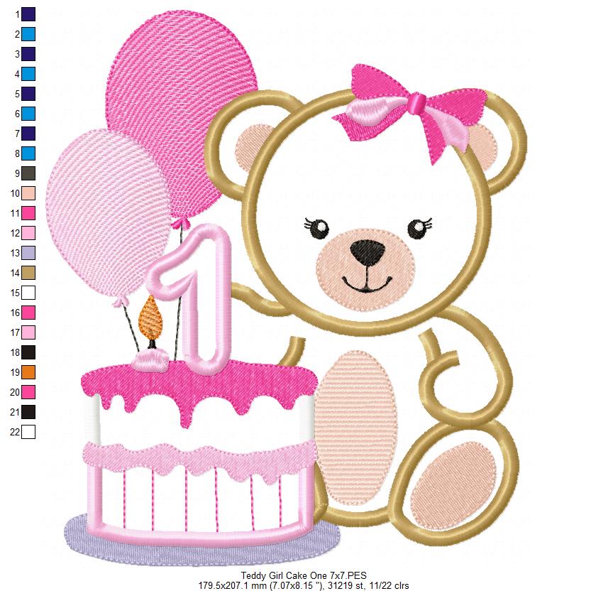 Teddy Bear Girl and Cake Number 1 One 1st Birthday - Applique - Machine Embroidery Design