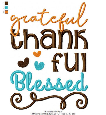 Grateful Thankful Blessed - Fill Stitch Embroidery