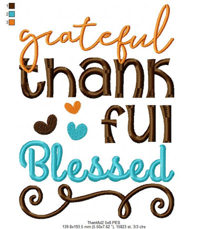 Grateful Thankful Blessed - Fill Stitch Embroidery