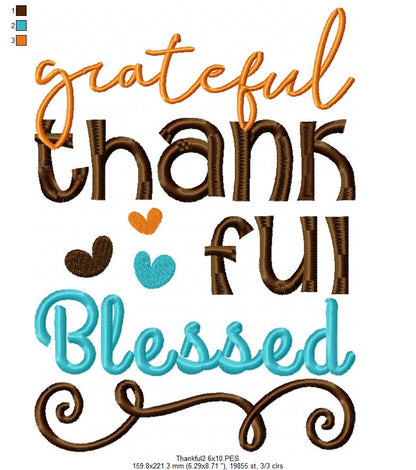 Grateful Thankful Blessed - Fill Stitch Embroidery