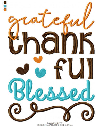 Grateful Thankful Blessed - Fill Stitch Embroidery