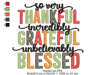 So Very Thankful Incredibly Grateful Unbelievably Blessed - Fill Stitch - Machine Embroidery Design