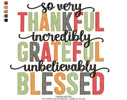 So Very Thankful Incredibly Grateful Unbelievably Blessed - Fill Stitch - Machine Embroidery Design