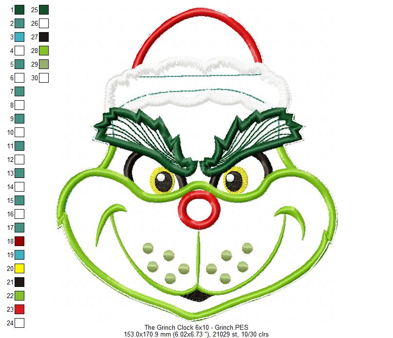 The Grinch Clock Ornament - ITH Project - Machine Embroidery Design