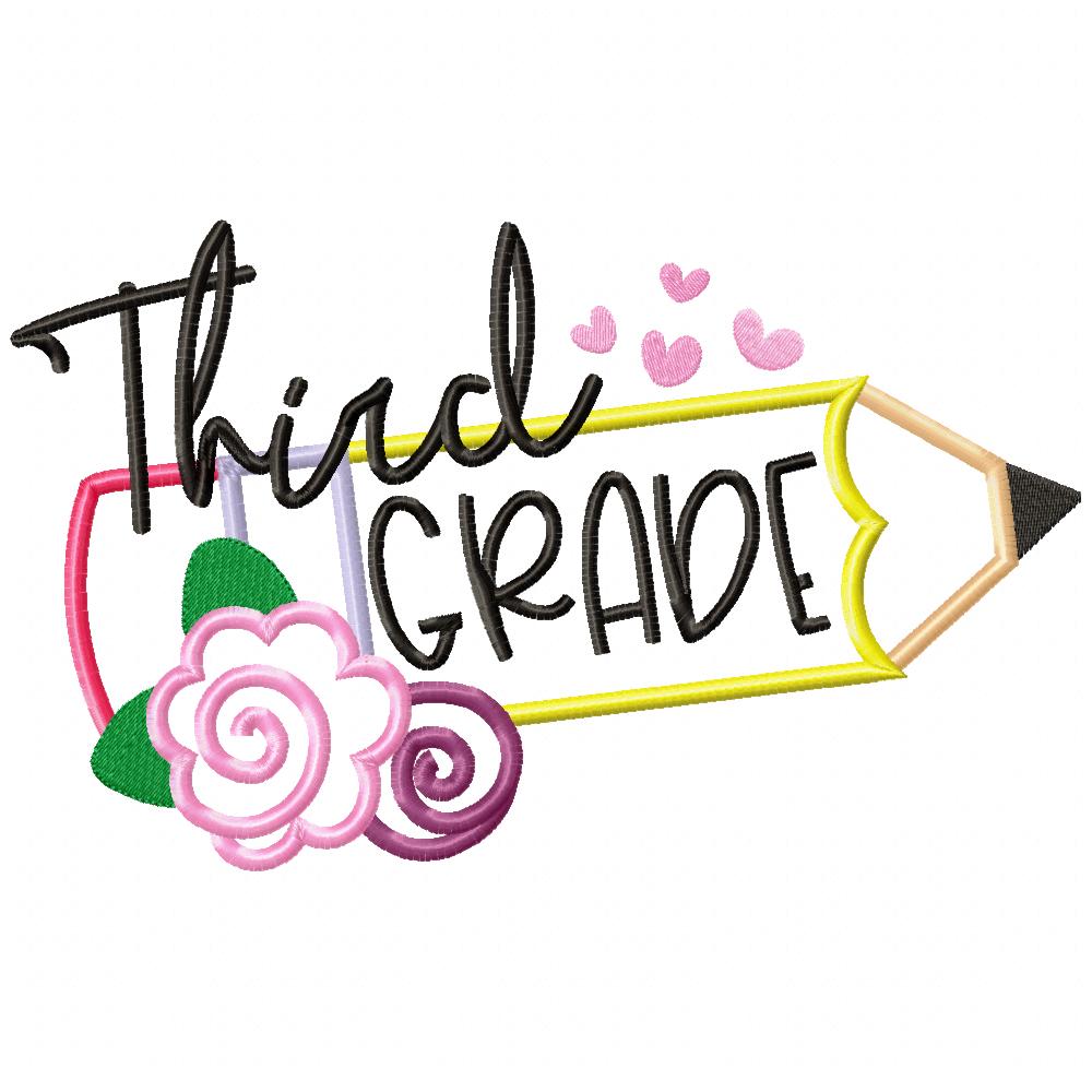 Third Grade Pencil and Flowers - Applique - Machine Embroidery Design