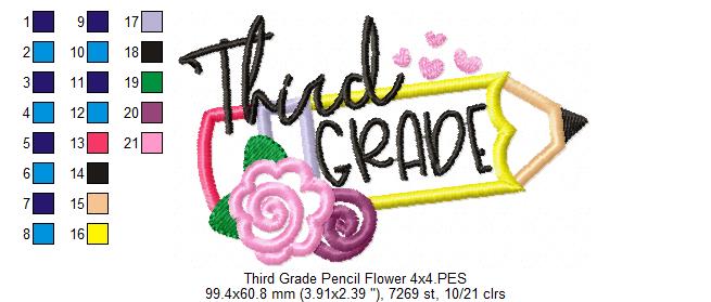 Third Grade Pencil and Flowers - Applique - Machine Embroidery Design