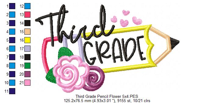 Third Grade Pencil and Flowers - Applique - Machine Embroidery Design