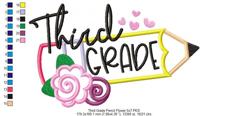 Third Grade Pencil and Flowers - Applique - Machine Embroidery Design