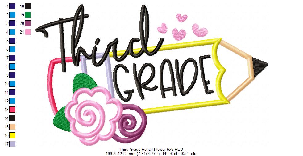 Third Grade Pencil and Flowers - Applique - Machine Embroidery Design