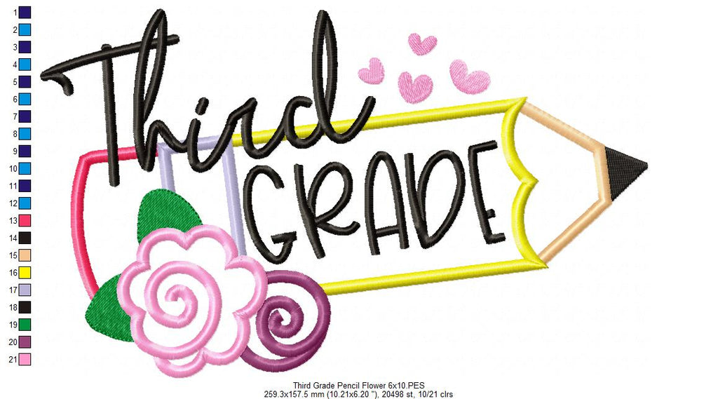 Third Grade Pencil and Flowers - Applique - Machine Embroidery Design