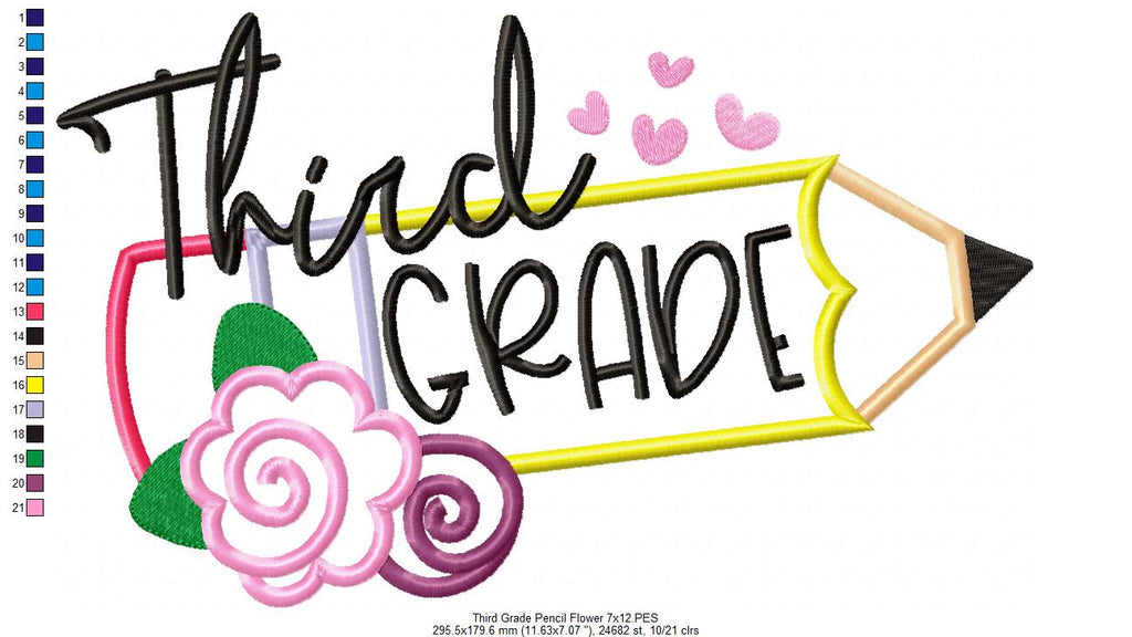 Third Grade Pencil and Flowers - Applique - Machine Embroidery Design