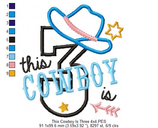 This Cowboy is 3 Three Third Birthday Number 3 - Applique - Machine Embroidery Design