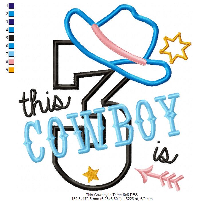 This Cowboy is 3 Three Third Birthday Number 3 - Applique - Machine Embroidery Design